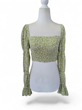Motel Velina Women's Smocked Square-Neck Crop Top - Green Floral